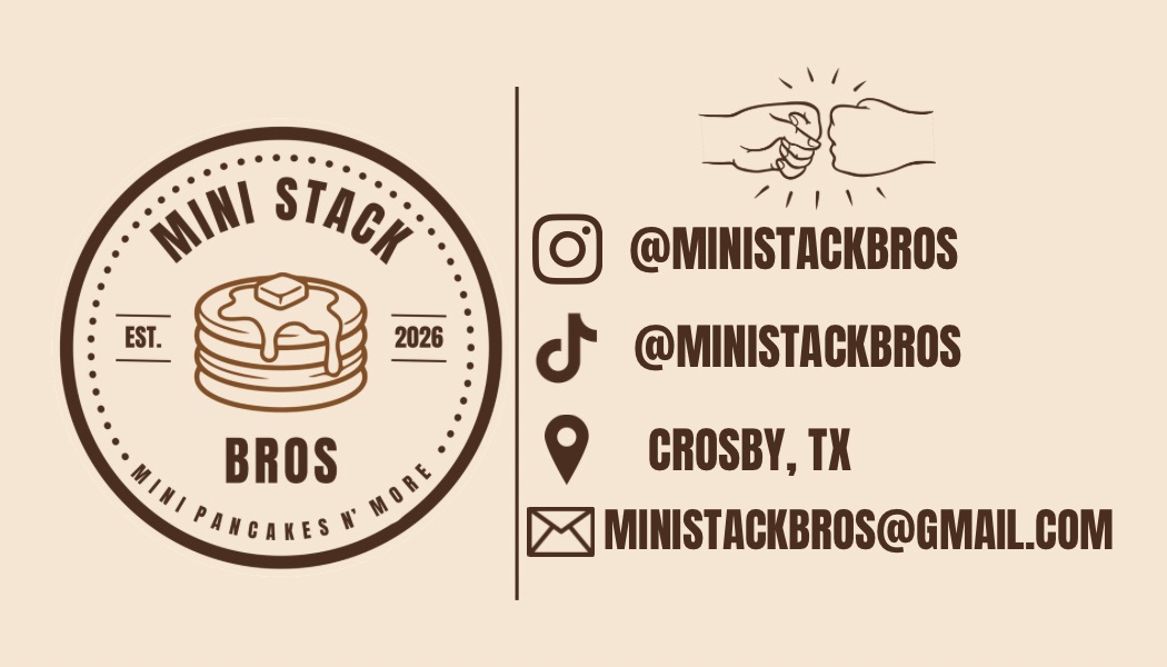 Mini Stack Bros business card back. Cream background with logo and contact info.