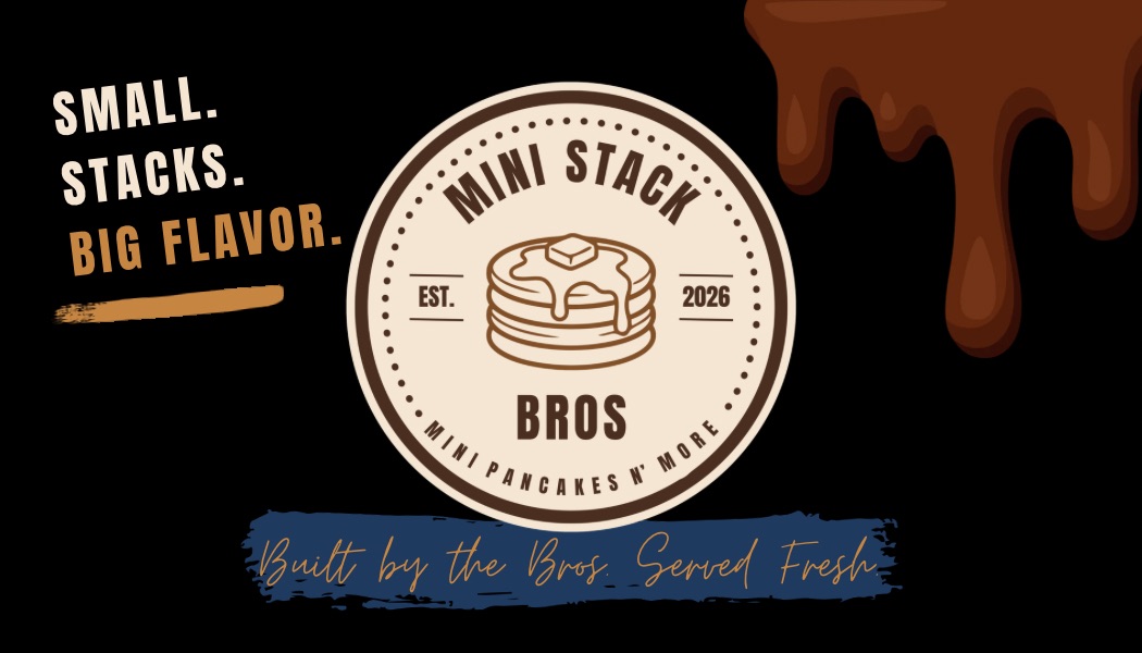 Mini Stack Bros business card front. Black background with logo and chocolate drip.