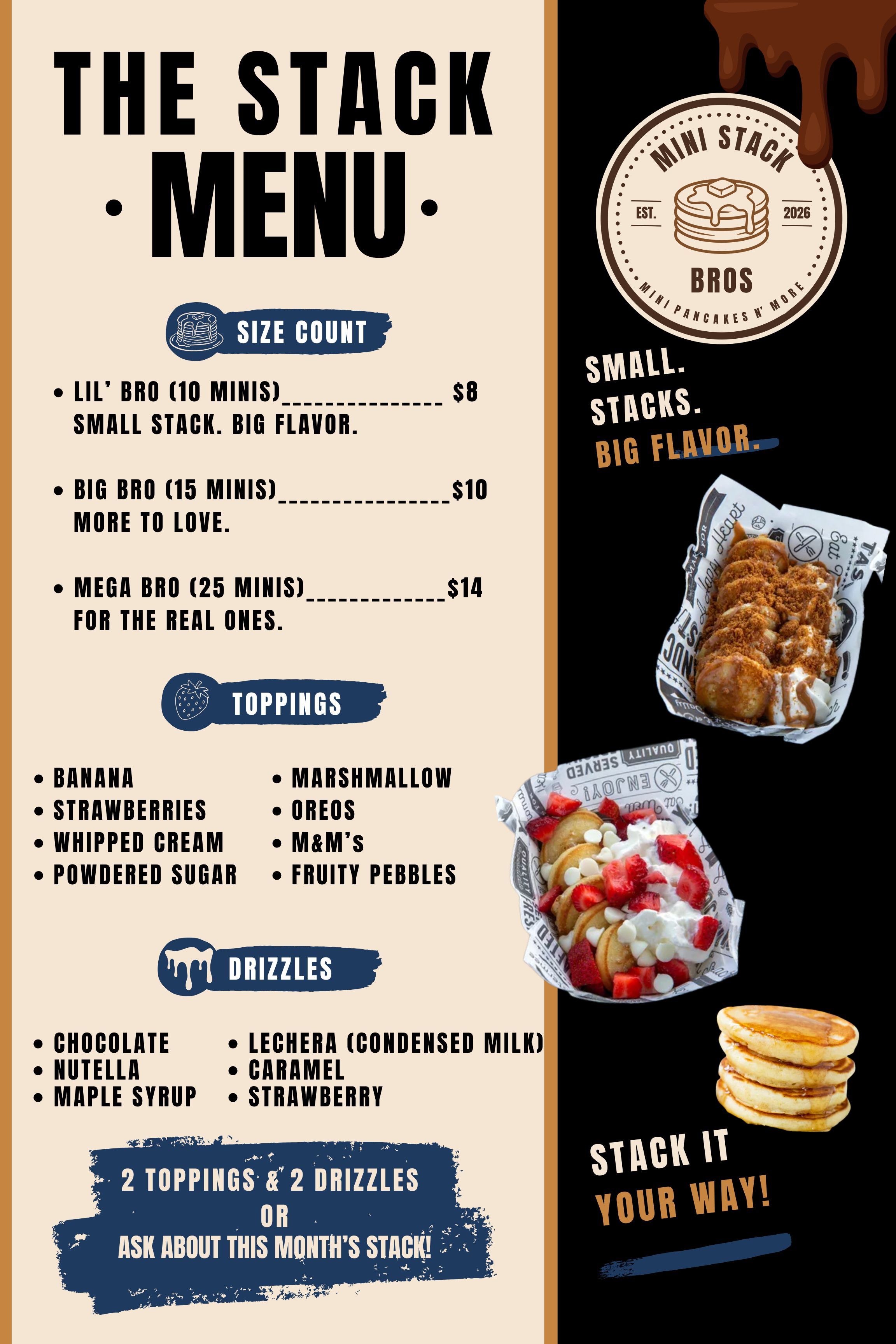 Mini Stack Bros menu banner with sizes, toppings and drizzles